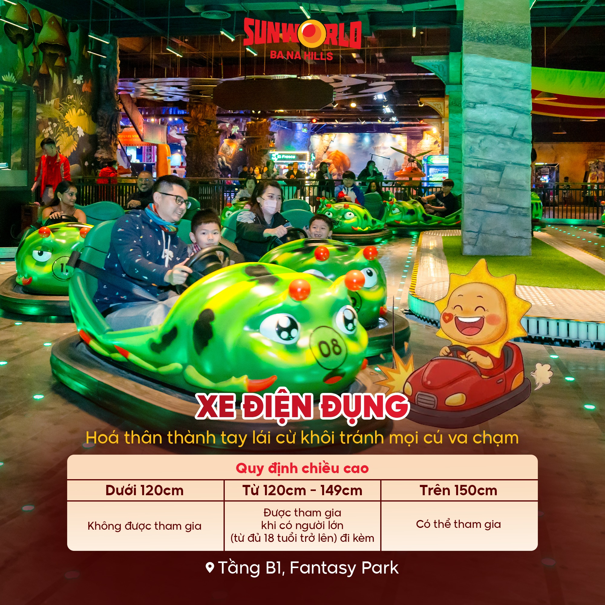 Trẻ em chơi xe điện đụng tại Fantasy Park, Bà Nà Hills.